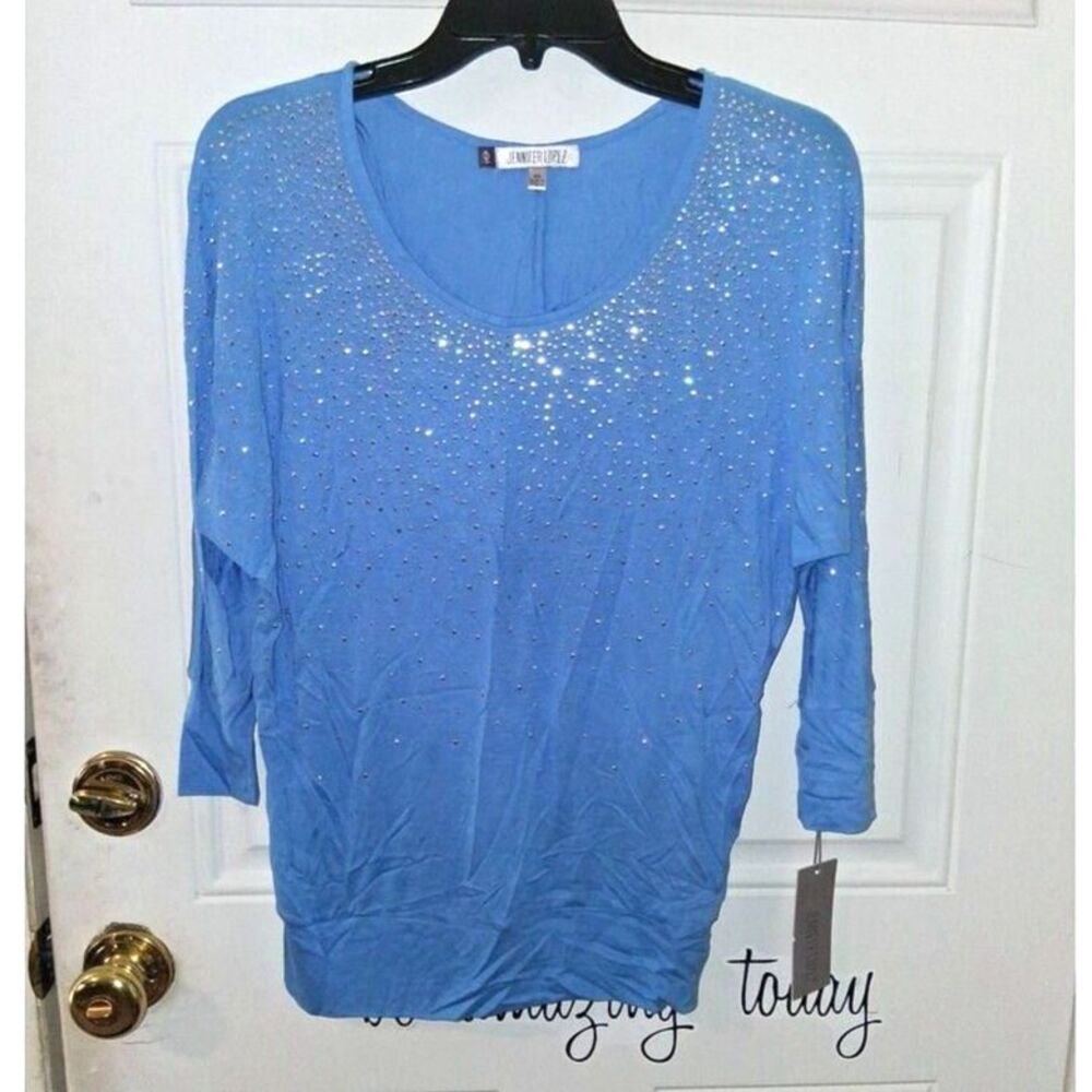 289 women's top XS Jennifer Lopez 3/4 sleeves blue w/silver stud accents